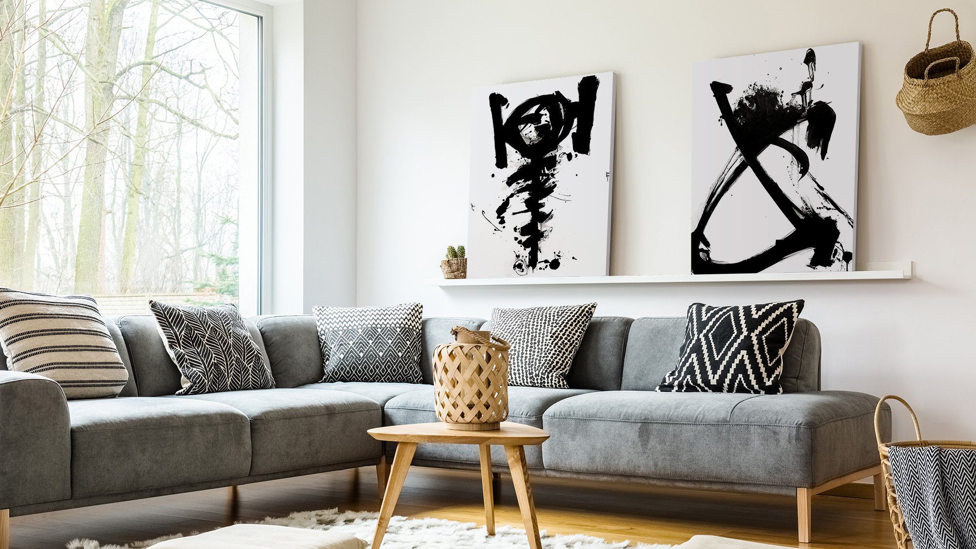 black and white abstract on wall in living room
